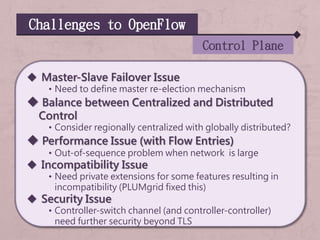 Challenges to OpenFlow
Control Plane
 Master-Slave Failover Issue
• Need to define master re-election mechanism
 Balance between Centralized and Distributed
Control
• Consider regionally centralized with globally distributed?
 Performance Issue (with Flow Entries)
• Out-of-sequence problem when network is large
 Incompatibility Issue
• Need private extensions for some features resulting in
incompatibility (PLUMgrid fixed this)
 Security Issue
• Controller-switch channel (and controller-controller)
need further security beyond TLS
 