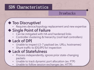 SDN Characteristics
Drawbacks
 Too Discruptive!
• Requires device/topology replacement and new expertise
 Single Point of Failure
• Can be mitigated with HA and hardened links
• Controller clustering & hierarchy (roof-leaf controllers)
 Lack of DPI
• Unable to inspect L5-7 payload (ex. URLs, hostnames)
• Shunt traffic to IDS/IPS for inspection
 Lack of Statefulness
• Process independently, ignore prior state-changing
packets
• Unable to track dynamic port allocation (ex. FTP)
• Unable to follow session exchanges (ex. HTTP)
 