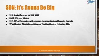 IT RoadShow, Denver, June 2014
SDN: It’s Gonna Be Big
● 2018 Market Forecast for SDN: $35B
● CAGR: 62% over 5 Years
● 2017: 60% of Enterprises will automate the provisioning of Security Controls
● 75% of Gartner Clients Report they are Thinking About or Evaluating SDNs
 