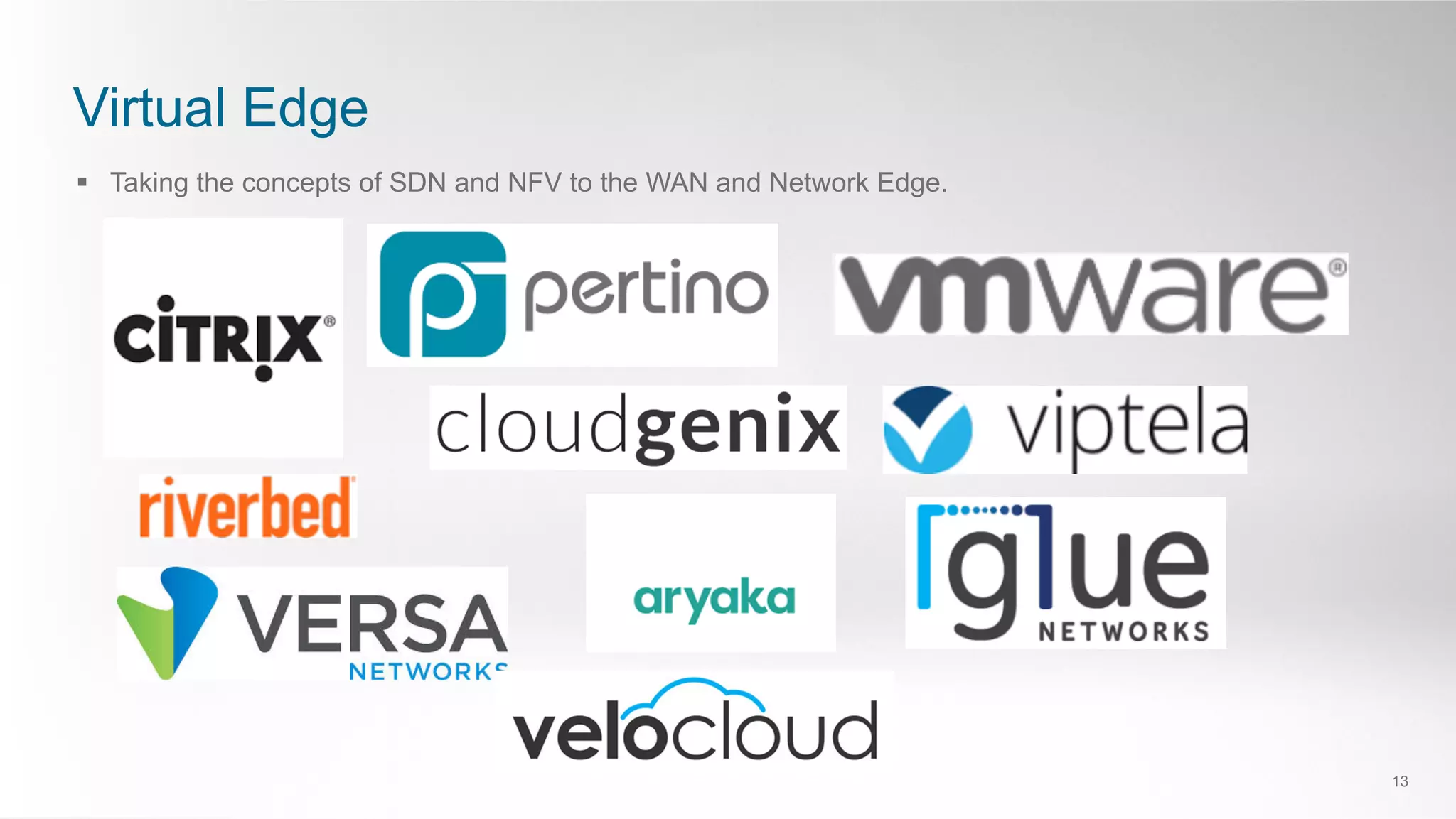 Virtual Edge
13
§  Taking the concepts of SDN and NFV to the WAN and Network Edge.
 