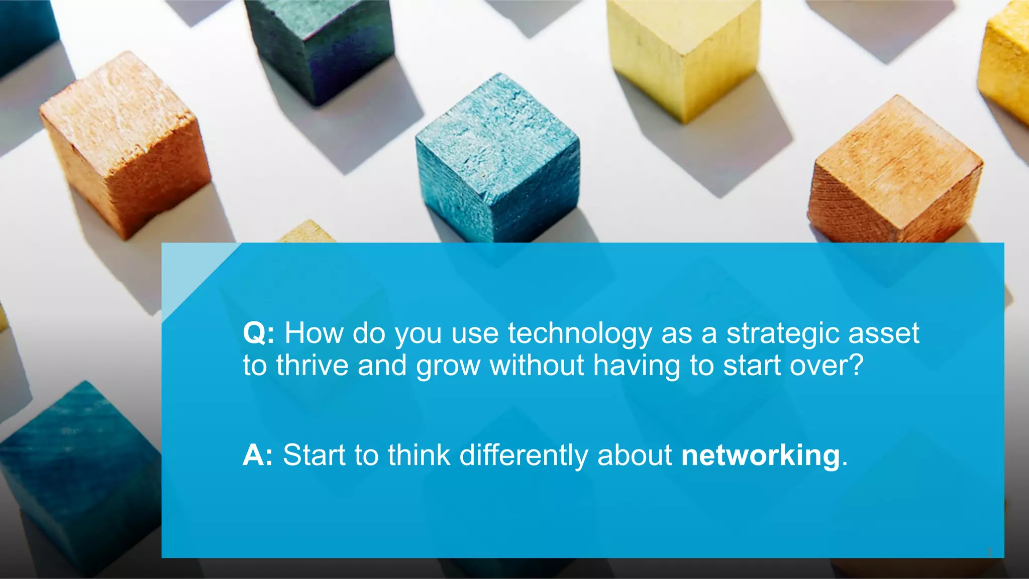 Q: How do you use technology as a strategic asset
to thrive and grow without having to start over?
A: Start to think differently about networking.
3
 