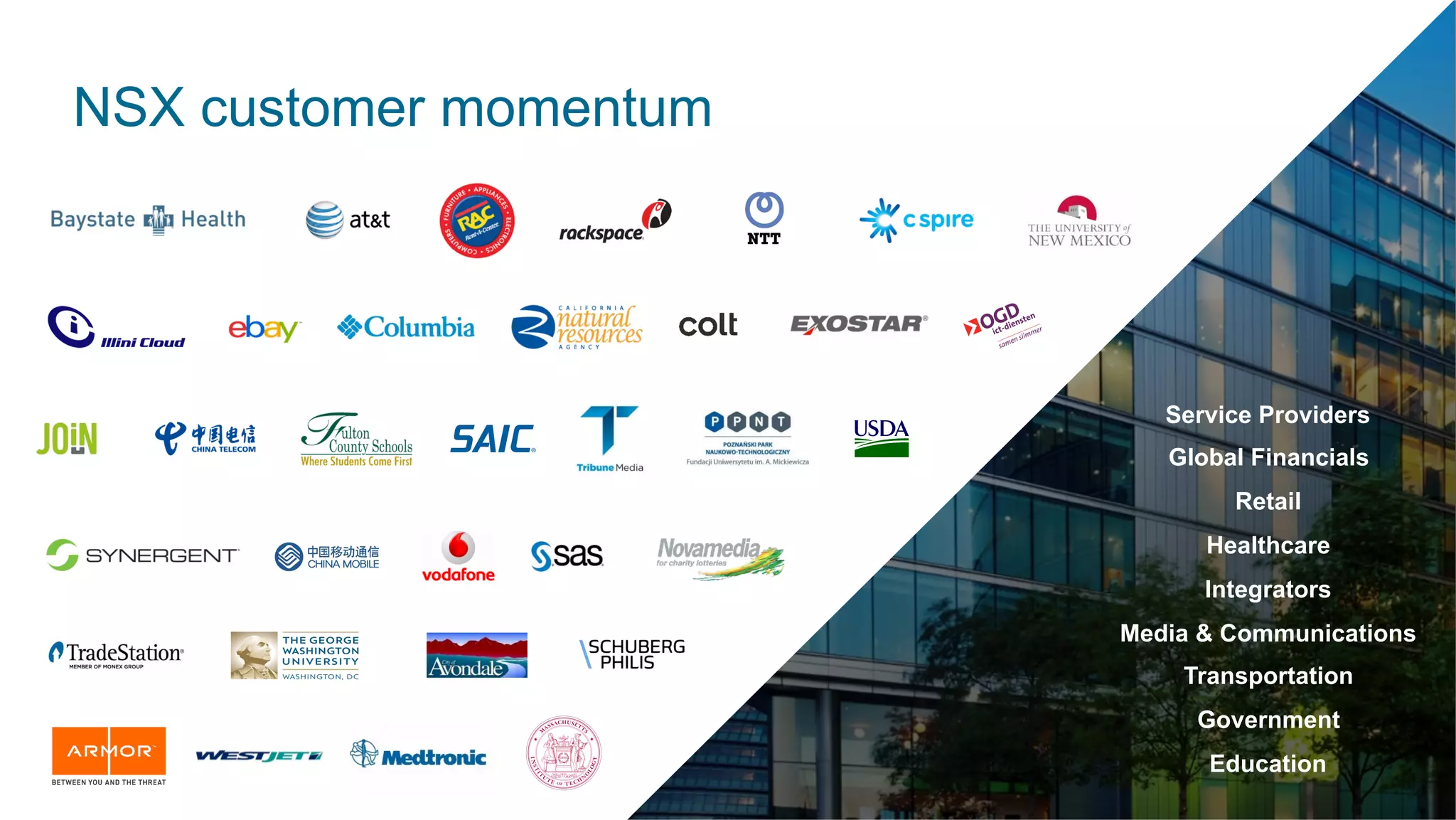 Service Providers
Global Financials
Retail
Healthcare
Integrators
Media & Communications
Transportation
Government
Education
NSX customer momentum
 