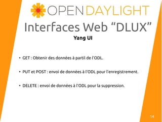 Interfaces Web “DLUX”
Yang UI
●
GET : Obtenir des données à partil de l’ODL.
●
PUT et POST : envoi de données à l’ODL pour l’enregistrement.
●
DELETE : envoi de données à l’ODL pour la suppression.
14
 