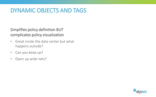 DYNAMIC OBJECTS AND TAGS
Simplifies policy definition BUT
complicates policy visualization
• Great inside the data center but what
happens outside?
• Can you keep up?
• Open up wide nets?
 