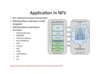 ApplicaOon	
  in	
  NFV	
  
•  NFV:	
  Network	
  FuncOon	
  VirtualizaOon	
  
•  SDN/Openﬂow	
  could	
  help	
  in	
  traﬃc	
  
navigaOon	
  
•  SDN/Openﬂow	
  could	
  help	
  to	
  
Virtualize:	
  
•  DC	
  gateway/router	
  
•  BRAS/BNG	
  
•  CPE/home	
  gateway	
  
•  Route-­‐Reﬂectors	
  
•  DNS	
  
•  Firewall	
  
•  NAT	
  
•  DHCP	
  
•  Load	
  balancer	
  
•  DPI	
  
•  etc…	
  
	
  hrp://portal.etsi.org/portal/server.pt/community/NFV/367	
  
 