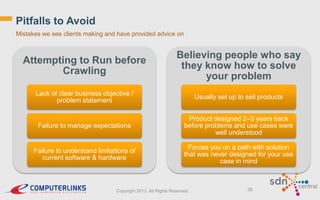 Pitfalls to Avoid
Mistakes we see clients making and have provided advice on

Attempting to Run before
Crawling

Believing people who say
they know how to solve
your problem

Lack of clear business objective /
problem statement

Usually set up to sell products

Failure to manage expectations

Product designed 2–3 years back
before problems and use cases were
well understood

Failure to understand limitations of
current software & hardware

Forces you on a path with solution
that was never designed for your use
case in mind

Copyright 2013. All Rights Reserved.

28

 