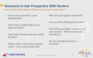 Questions to Ask Prospective SDN Vendors
How to separate SDN reality from SDN and vendor hype in an early market.

•

•

•

How many current trials do you
have running??

Who are your typical customers?
Are you SP or Enterprise focused?

•

How what use-cases / solutions do
you support? Which one are you
focused on?

•

•

•
•

How many production / paid
deployments?

Do you provide products or
services?

How much money have you raised
& when?
Where does <insert your company
name > sit on your priority list?

Copyright 2013. All Rights Reserved.

30

 