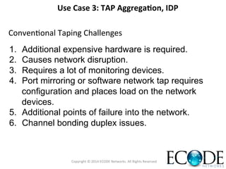 Use	
  Case	
  3:	
  TAP	
  Aggrega<on,	
  IDP	
  
1.  Additional expensive hardware is required.
2.  Causes network disruption.
3.  Requires a lot of monitoring devices.
4.  Port mirroring or software network tap requires
configuration and places load on the network
devices.
5.  Additional points of failure into the network.
6.  Channel bonding duplex issues.
ConvenOonal	
  Taping	
  Challenges	
  
Copyright	
  ©	
  2014	
  ECODE	
  Networks.	
  All	
  Rights	
  Reserved	
  
 