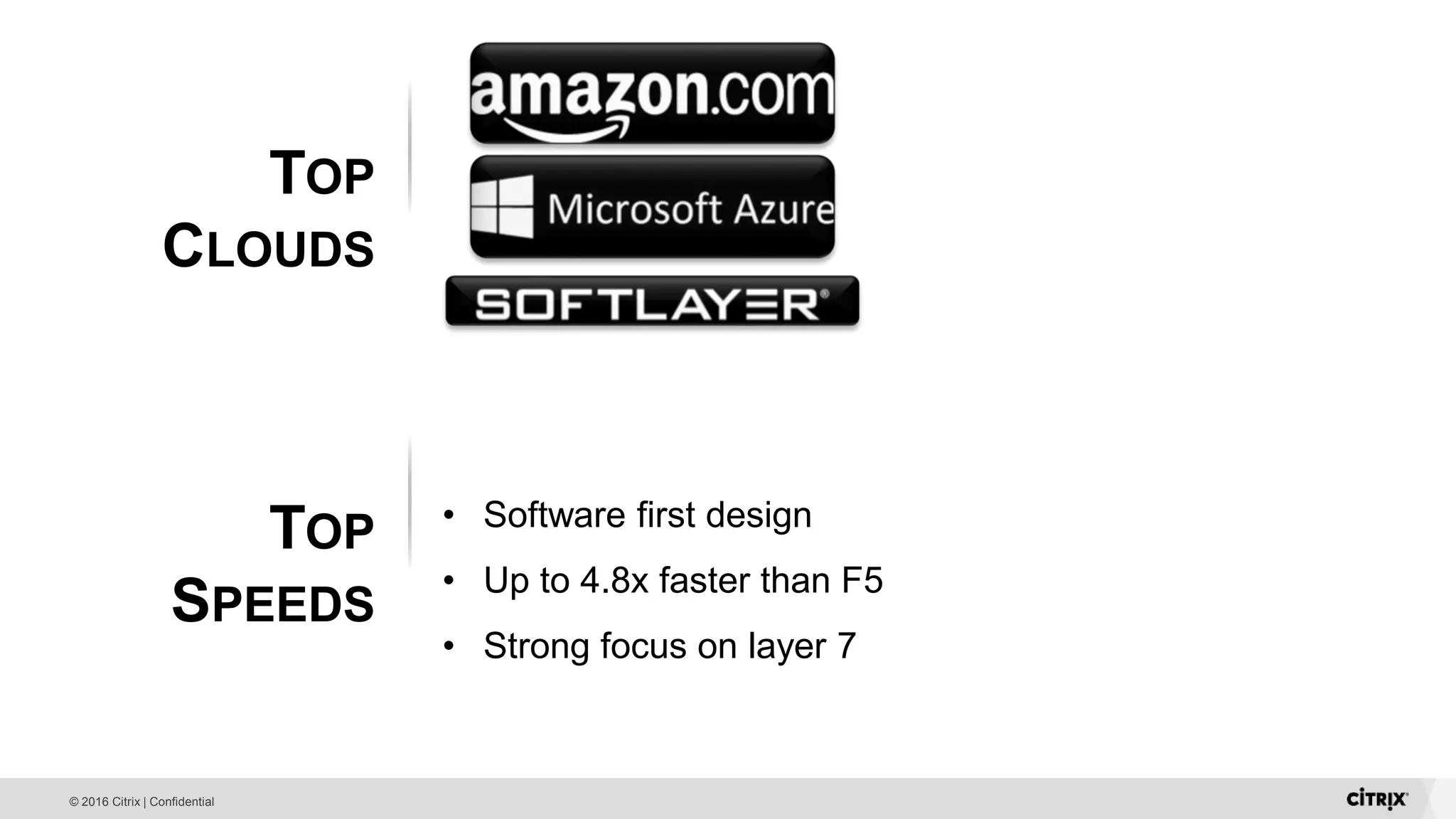 © 2016 Citrix | Confidential TOP CLOUDS TOP SPEEDS • Software first design • Up to 4.8x faster than F5 • Strong focus on layer 7 