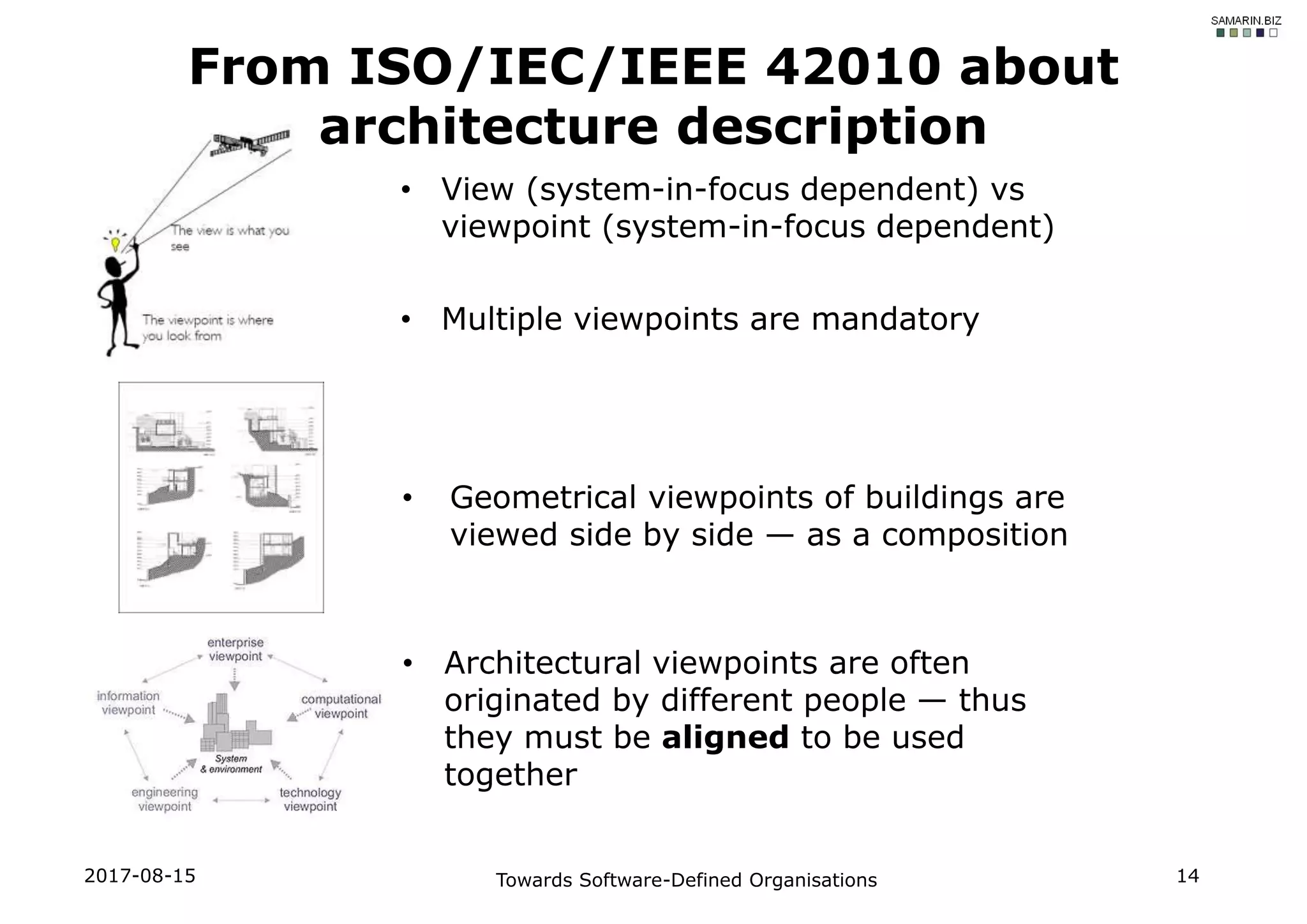 • Geometrical viewpoints of buildings are
viewed side by side — as a composition
From ISO/IEC/IEEE 42010 about
architecture description
• View (system-in-focus dependent) vs
viewpoint (system-in-focus dependent)
• Multiple viewpoints are mandatory
• Architectural viewpoints are often
originated by different people — thus
they must be aligned to be used
together
2017-08-15 Towards Software-Defined Organisations 14
 