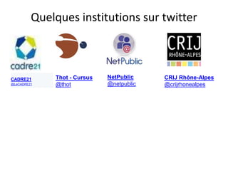 Quelques institutions sur twitter
CADRE21
@LeCADRE21
Thot - Cursus
@thot
NetPublic
@netpublic
CRIJ Rhône-Alpes
@crijrhonealpes
 