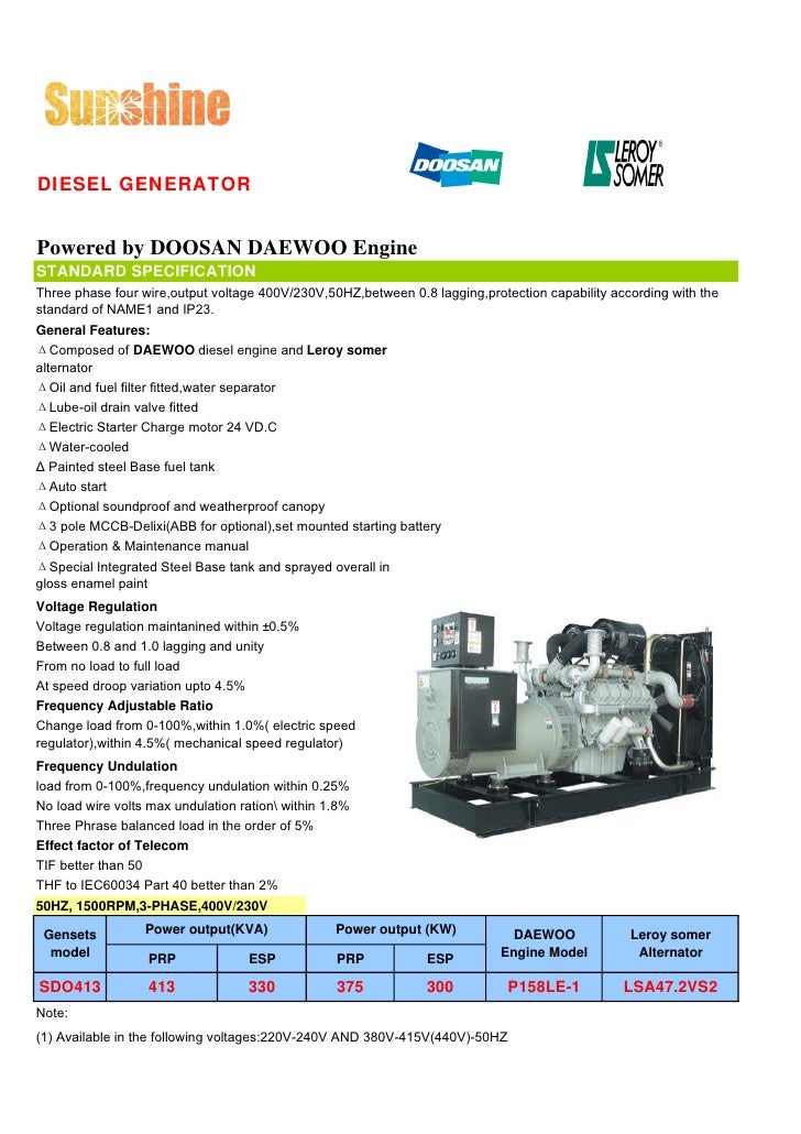 Sdo413 daewoo generator specification
