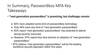 In Summary, Passwordless MFA Key
Takeaways
• ”next generation passwordless” is promising, but challenges remain
● 84% have adopted some kind of passwordless technology
● Only 49% have any kind of “next generation passwordless”
● 93% report “next generation passwordless” has potential to deliver
strong security outcomes
● However, 97% report they face barriers to adoption of “next generation
passwordless”
• 87% believe “next generation passwordless” will be the leading
workforce security approach within five years
 