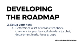 DEVELOPING A PRODUCT ROADMAP
DEVELOPING
THE ROADMAP
2. Setup your nets
a. Determinee a set of reliable feedback
channels for your key stakeholders (cs chat,
department leads, focus groups
 