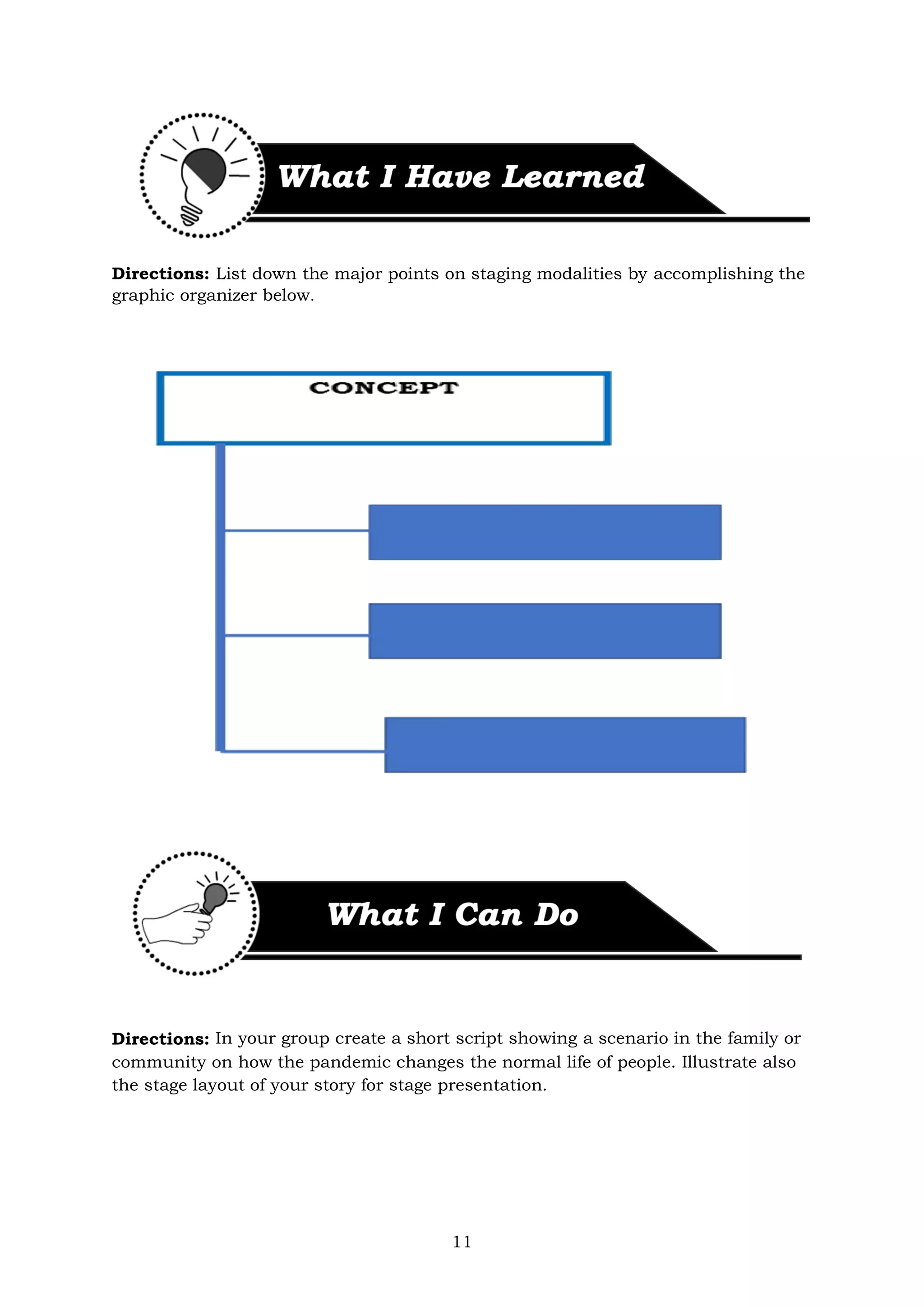 11
Directions: List down the major points on staging modalities by accomplishing the
graphic organizer below.
Directions: In your group create a short script showing a scenario in the family or
community on how the pandemic changes the normal life of people. Illustrate also
the stage layout of your story for stage presentation.
 