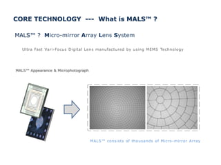 MALS™ Appearance & Microphotograph
CORE TECHNOLOGY --- What is MALS™ ?
MALS™ consists of thousands of Micro-mirror Array
MALS™ ? Micro-mirror Array Lens System
Ultra Fast Vari-Focus Digital Lens manufactured by using MEMS Technology
 