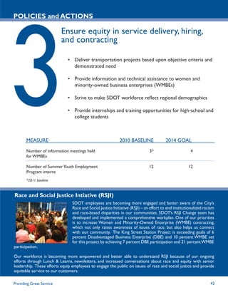 POLICIES and ACTIONS

                          Ensure equity in service delivery, hiring,
                          and contracting

                             • Deliver transportation projects based upon objective criteria and
                               demonstrated need

                             • Provide information and technical assistance to women and
                               minority-owned business enterprises (WMBEs)

                             • Strive to make SDOT workforce reﬂect regional demographics

                             • Provide internships and training opportunities for high-school and
                               college students



       MEASURE                                              2010 BASELINE              2014 GOAL

       Number of information meetings held                                    3*                      4
       for WMBEs

       Number of Summer Youth Employment                                     12                      12
       Program interns
       *2011 baseline



Race and Social Justice Intiative (RSJI)
                                SDOT employees are becoming more engaged and better aware of the City’s
                                Race and Social Justice Initiative (RSJI) – an effort to end institutionalized racism
                                and race-based disparities in our communities. SDOT’s RSJI Change team has
                                developed and implemented a comprehensive workplan. One of our priorities
                                is to increase Women and Minority-Owned Enterprise (WMBE) contracting,
                                which not only raises awareness of issues of race, but also helps us connect
                                with our community. The King Street Station Project is exceeding goals of 6
                                percent Disadvantaged Business Enterprise (DBE) and 10 percent WMBE set
                                for this project by achieving 7 percent DBE participation and 21 percent WMBE
participation.

Our workforce is becoming more empowered and better able to understand RSJI because of our ongoing
efforts through Lunch & Learns, newsletters, and increased conversations about race and equity with senior
leadership. These efforts equip employees to engage the public on issues of race and social justice and provide
equitable service to our customers.

Providing Great Service                                                                                           42
 
