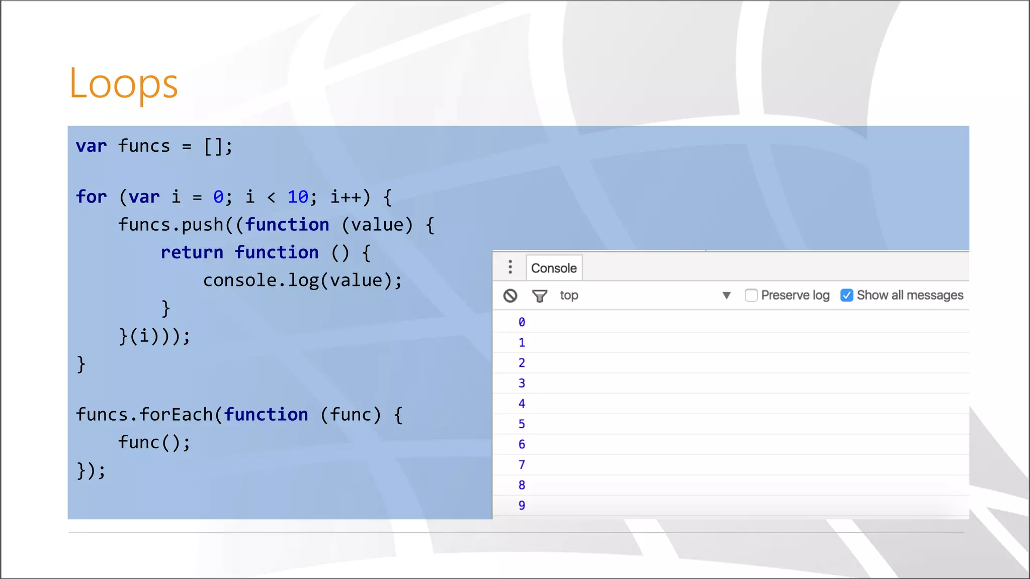 Loops
var funcs = [];
for (var i = 0; i < 10; i++) {
funcs.push((function (value) {
return function () {
console.log(value);
}
}(i)));
}
funcs.forEach(function (func) {
func();
});
 