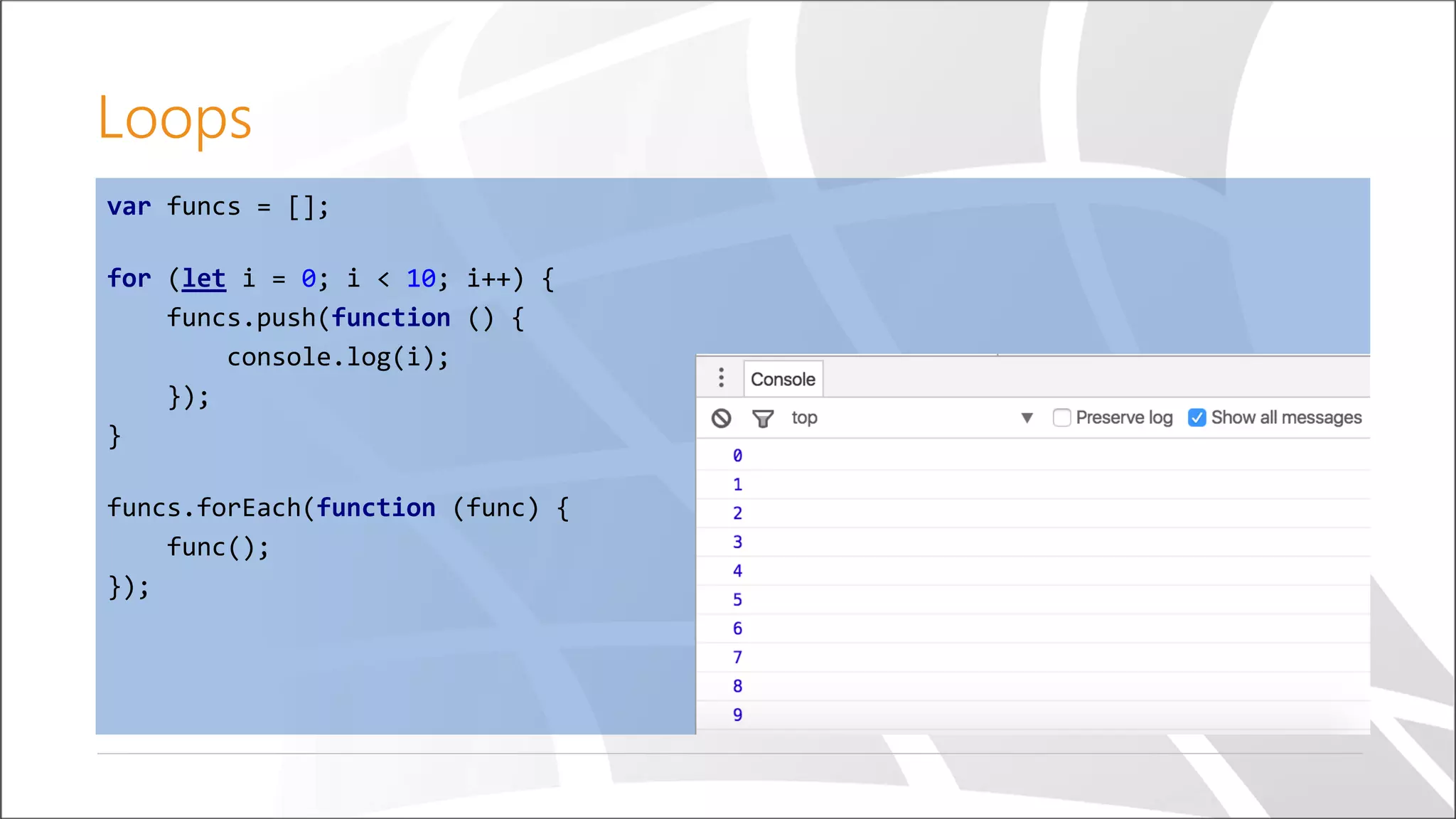 Loops
var funcs = [];
for (let i = 0; i < 10; i++) {
funcs.push(function () {
console.log(i);
});
}
funcs.forEach(function (func) {
func();
});
 