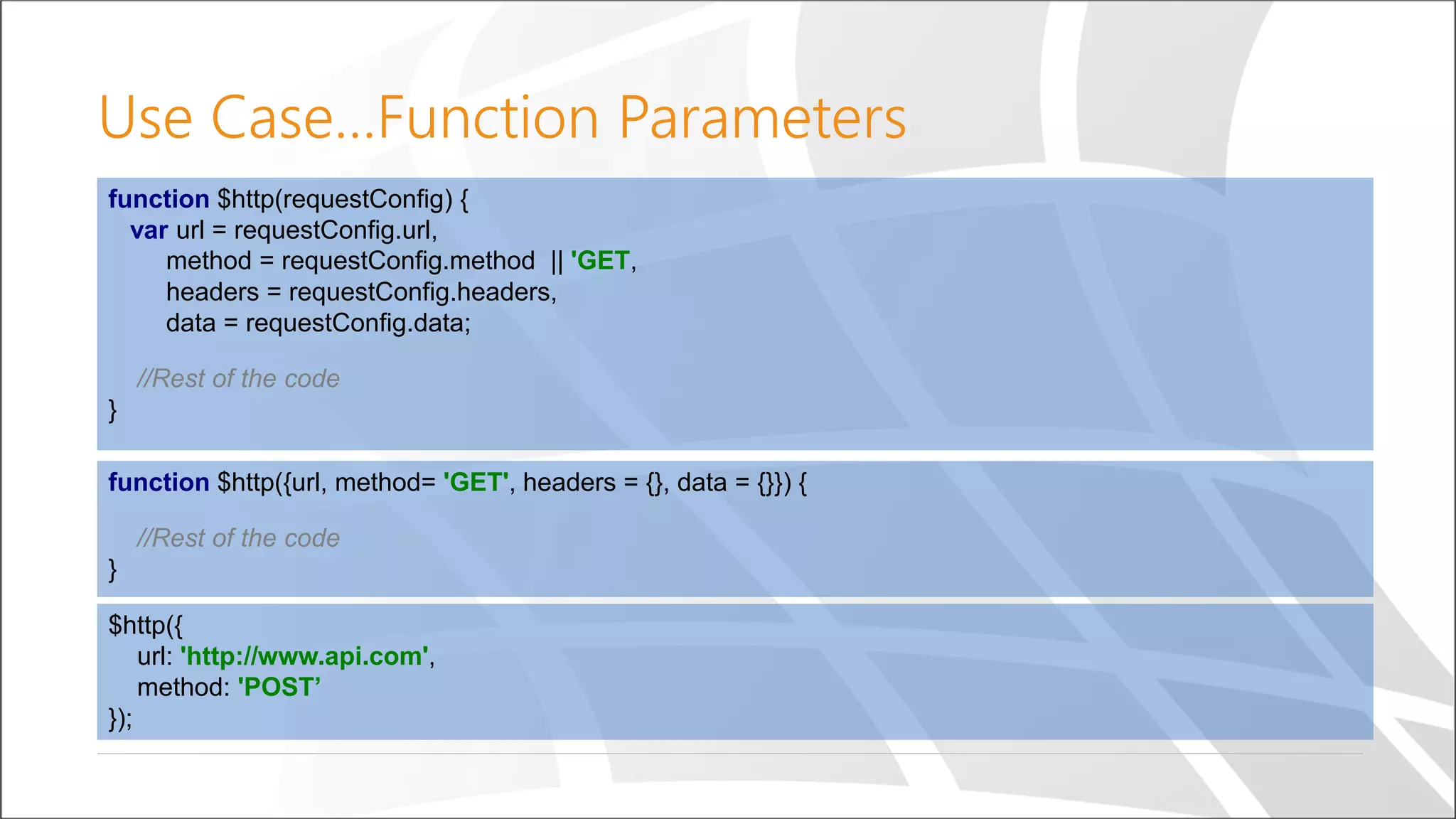 Use Case…Function Parameters
function $http(requestConfig) {
var url = requestConfig.url,
method = requestConfig.method || 'GET,
headers = requestConfig.headers,
data = requestConfig.data;
//Rest of the code
}
function $http({url, method= 'GET', headers = {}, data = {}}) {
//Rest of the code
}
$http({
url: 'http://www.api.com',
method: 'POST’
});
 