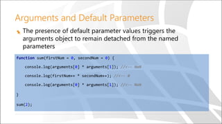 Arguments and Default Parameters
The presence of default parameter values triggers the
arguments object to remain detached from the named
parameters
function sum(firstNum = 0, secondNum = 0) {
console.log(arguments[0] * arguments[1]); //<-- NaN
console.log(firstNum++ * secondNum++); //<-- 0
console.log(arguments[0] * arguments[1]); //<-- NaN
}
sum(2);
 