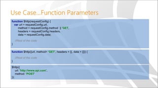 Use Case…Function Parameters
function $http(requestConfig) {
var url = requestConfig.url,
method = requestConfig.method || 'GET,
headers = requestConfig.headers,
data = requestConfig.data;
//Rest of the code
}
function $http({url, method= 'GET', headers = {}, data = {}}) {
//Rest of the code
}
$http({
url: 'http://www.api.com',
method: 'POST’
});
 