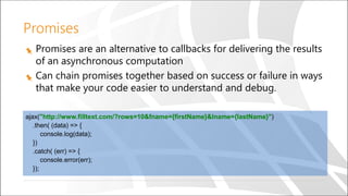 Promises
Promises are an alternative to callbacks for delivering the results
of an asynchronous computation
Can chain promises together based on success or failure in ways
that make your code easier to understand and debug.
ajax("http://www.filltext.com/?rows=10&fname={firstName}&lname={lastName}")
.then( (data) => {
console.log(data);
})
.catch( (err) => {
console.error(err);
});
 