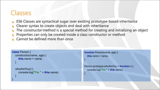Classes
ES6 Classes are syntactical sugar over existing prototype-based inheritance
Clearer syntax to create objects and deal with inheritance
The constructor method is a special method for creating and initializing an object
Properties can only be created inside a class constructor or method
Cannot be defined more than once
function Person(name, age) {
this.name = name;
}
Person.prototype.whoAreYou = function () {
console.log("I'm " + this.name);
}
class Person {
constructor(name, age) {
this.name = name;
}
whoAreYou() {
console.log("I'm " + this.name);
}
}
 