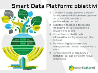 Smart Data Platform: obiettivi 
#Connettere oggetti, persone e sistemi fornendo modelli di standardizzazione dei protocoll...