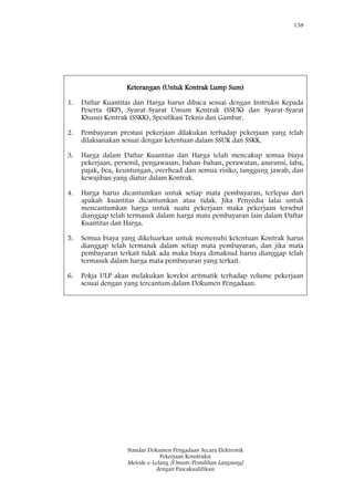 138
Standar Dokumen Pengadaan Secara Elektronik
Pekerjaan Konstruksi
Metode e-Lelang [Umum/Pemilihan Langsung]
dengan Pascakualifikasi
Keterangan (Untuk Kontrak Lump Sum)
1. Daftar Kuantitas dan Harga harus dibaca sesuai dengan Instruksi Kepada
Peserta (IKP), Syarat-Syarat Umum Kontrak (SSUK) dan Syarat-Syarat
Khusus Kontrak (SSKK), Spesifikasi Teknis dan Gambar.
2. Pembayaran prestasi pekerjaan dilakukan terhadap pekerjaan yang telah
dilaksanakan sesuai dengan ketentuan dalam SSUK dan SSKK.
3. Harga dalam Daftar Kuantitas dan Harga telah mencakup semua biaya
pekerjaan, personil, pengawasan, bahan-bahan, perawatan, asuransi, laba,
pajak, bea, keuntungan, overhead dan semua risiko, tanggung jawab, dan
kewajiban yang diatur dalam Kontrak.
4. Harga harus dicantumkan untuk setiap mata pembayaran, terlepas dari
apakah kuantitas dicantumkan atau tidak. Jika Penyedia lalai untuk
mencantumkan harga untuk suatu pekerjaan maka pekerjaan tersebut
dianggap telah termasuk dalam harga mata pembayaran lain dalam Daftar
Kuantitas dan Harga.
5. Semua biaya yang dikeluarkan untuk memenuhi ketentuan Kontrak harus
dianggap telah termasuk dalam setiap mata pembayaran, dan jika mata
pembayaran terkait tidak ada maka biaya dimaksud harus dianggap telah
termasuk dalam harga mata pembayaran yang terkait.
6. Pokja ULP akan melakukan koreksi aritmatik terhadap volume pekerjaan
sesuai dengan yang tercantum dalam Dokumen Pengadaan.
 