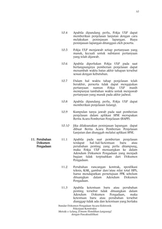 10
Standar Dokumen Pengadaan Secara Elektronik
Pekerjaan Konstruksi
Metode e-Lelang [Umum/Pemilihan Langsung]
dengan Pascakualifikasi
10.4 Apabila dipandang perlu, Pokja ULP dapat
memberikan penjelasan lanjutan dengan cara
melakukan peninjauan lapangan. Biaya
peninjauan lapangan ditanggun oleh peserta.
10.5 Pokja ULP menjawab setiap pertanyaan yang
masuk, kecuali untuk substansi pertanyaan
yang telah dijawab.
10.6 Apabila diperlukan Pokja ULP pada saat
berlangsungnya pemberian penjelasan dapat
menambah waktu batas akhir tahapan tersebut
sesuai dengan kebutuhan.
10.7 Dalam hal waktu tahap penjelasan telah
berakhir, perserta tidak dapat mengajukan
pertanyaan namun Pokja ULP masih
mempunyai tambahan waktu untuk menjawab
pertanyaan yang masuk pada akhir jadwal.
10.8 Apabila dipandang perlu, Pokja ULP dapat
memberikan penjelasan (ulang).
10.9 Kumpulan tanya jawab pada saat pemberian
penjelasan dalam aplikasi SPSE merupakan
Berita Acara Pemberian Penjelasan (BAPP).
10.10 Jika dilaksanakan peninjauan lapangan dapat
dibuat Berita Acara Pemberian Penjelasan
Lanjutan dan diunggah melalui aplikasi SPSE.
11. Perubahan
Dokumen
Pengadaan
11.1 Apabila pada saat pemberian penjelasan
terdapat hal-hal/ketentuan baru atau
perubahan penting yang perlu ditampung,
maka Pokja ULP menuangkan ke dalam
Adendum Dokumen Pengadaan yang menjadi
bagian tidak terpisahkan dari Dokumen
Pengadaan.
11.2 Perubahan rancangan kontrak, spesifikasi
teknis, KAK, gambar dan/atau nilai total HPS,
harus mendapatkan persetujuan PPK sebelum
dituangkan dalam Adendum Dokumen
Pengadaan.
11.3 Apabila ketentuan baru atau perubahan
penting tersebut tidak dituangkan dalam
Adendum Dokumen Pengadaan, maka
ketentuan baru atau perubahan tersebut
dianggap tidak ada dan ketentuan yang berlaku
 