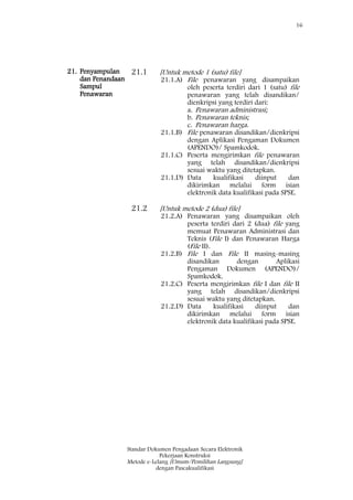 16
Standar Dokumen Pengadaan Secara Elektronik
Pekerjaan Konstruksi
Metode e-Lelang [Umum/Pemilihan Langsung]
dengan Pascakualifikasi
21. Penyampulan
dan Penandaan
Sampul
Penawaran
21.1 [Untuk metode 1 (satu) file]
21.1.A) File penawaran yang disampaikan
oleh peserta terdiri dari 1 (satu) file
penawaran yang telah disandikan/
dienkripsi yang terdiri dari:
a. Penawaran administrasi;
b. Penawaran teknis;
c. Penawaran harga.
21.1.B) File penawaran disandikan/dienkripsi
dengan Aplikasi Pengaman Dokumen
(APENDO)/ Spamkodok.
21.1.C) Peserta mengirimkan file penawaran
yang telah disandikan/dienkripsi
sesuai waktu yang ditetapkan.
21.1.D) Data kualifikasi diinput dan
dikirimkan melalui form isian
elektronik data kualifikasi pada SPSE.
21.2 [Untuk metode 2 (dua) file]
21.2.A) Penawaran yang disampaikan oleh
peserta terdiri dari 2 (dua) file yang
memuat Penawaran Administrasi dan
Teknis (File I) dan Penawaran Harga
(File II).
21.2.B) File I dan File II masing-masing
disandikan dengan Aplikasi
Pengaman Dokumen (APENDO)/
Spamkodok.
21.2.C) Peserta mengirimkan file I dan file II
yang telah disandikan/dienkripsi
sesuai waktu yang ditetapkan.
21.2.D) Data kualifikasi diinput dan
dikirimkan melalui form isian
elektronik data kualifikasi pada SPSE.
 