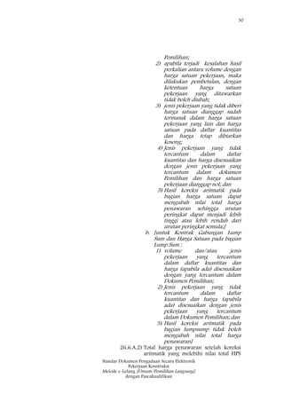 30
Standar Dokumen Pengadaan Secara Elektronik
Pekerjaan Konstruksi
Metode e-Lelang [Umum/Pemilihan Langsung]
dengan Pascakualifikasi
Pemilihan;
2) apabila terjadi kesalahan hasil
perkalian antara volume dengan
harga satuan pekerjaan, maka
dilakukan pembetulan, dengan
ketentuan harga satuan
pekerjaan yang ditawarkan
tidak boleh diubah;
3) jenis pekerjaan yang tidak diberi
harga satuan dianggap sudah
termasuk dalam harga satuan
pekerjaan yang lain dan harga
satuan pada daftar kuantitas
dan harga tetap dibiarkan
kosong;
4) Jenis pekerjaan yang tidak
tercantum dalam daftar
kuantitas dan harga disesuaikan
dengan jenis pekerjaan yang
tercantum dalam dokumen
Pemilihan dan harga satuan
pekerjaan dianggap nol; dan
5) Hasil koreksi aritmatik pada
bagian harga satuan dapat
mengubah nilai total harga
penawaran sehingga urutan
peringkat dapat menjadi lebih
tinggi atau lebih rendah dari
urutan peringkat semula;]
b. [untuk Kontrak Gabungan Lump
Sum dan Harga Satuan pada bagian
Lump Sum :
1) volume dan/atau jenis
pekerjaan yang tercantum
dalam daftar kuantitas dan
harga (apabila ada) disesuaikan
dengan yang tercantum dalam
Dokumen Pemilihan;
2) Jenis pekerjaan yang tidak
tercantum dalam daftar
kuantitas dan harga (apabila
ada) disesuaikan dengan jenis
pekerjaan yang tercantum
dalam Dokumen Pemilihan; dan
3) Hasil koreksi aritmatik pada
bagian lumpsump tidak boleh
mengubah nilai total harga
penawaran]
26.6.A.2) Total harga penawaran setelah koreksi
aritmatik yang melebihi nilai total HPS
 