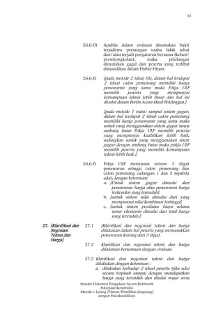 35
Standar Dokumen Pengadaan Secara Elektronik
Pekerjaan Konstruksi
Metode e-Lelang [Umum/Pemilihan Langsung]
dengan Pascakualifikasi
26.6.D) Apabila dalam evaluasi ditemukan bukti
terjadinya persaingan usaha tidak sehat
dan/atau terjadi pengaturan bersama (kolusi/
persekongkolan), maka pelelangan
dinyatakan gagal dan peserta yang terlibat
dimasukkan dalam Daftar Hitam.
26.6.E) [pada metode 2 (dua) file, dalam hal terdapat
2 (dua) calon pemenang memiliki harga
penawaran yang sama maka Pokja ULP
memilih peserta yang mempunyai
kemampuan teknis lebih besar dan hal ini
dicatat dalam Berita Acara Hasil Pelelangan.]
[pada metode 1 (satu) sampul sistem gugur,
dalam hal terdapat 2 (dua) calon pemenang
memiliki harga penawaran yang sama maka
untuk yang menggunakan sistem gugur tanpa
ambang batas Pokja ULP memilih peserta
yang mempunyai kualifikasi lebih baik,
sedangkan untuk yang menggunakan sisem
gugur dengan ambang batas maka pokja ULP
memilih peserta yang memiliki kemampuan
teknis lebih baik.].
26.6.F) Pokja ULP menyusun urutan 3 (tiga)
penawaran sebagai calon pemenang dan
calon pemenang cadangan 1 dan 2 (apabila
ada), dengan ketentuan:
a. [Untuk sistem gugur dimulai dari
penawaran harga atau penawaran harga
terkoreksi yang terendah].
b. [untuk sistem nilai dimulai dari yang
mempunyai nilai kombinasi tertinggi].
c. [untuk sistem penilaian biaya selama
umur ekonomis dimulai dari total harga
yang terendah.]
27. [Klarifikasi dan
Negosiasi
Teknis dan
Harga]
27.1 [Klarifikasi dan negosiasi teknis dan harga
dilakukan dalam hal peserta yang memasukkan
penawaran kurang dari 3 (tiga).
27.2 Klarifikasi dan negosiasi teknis dan harga
dilakukan bersamaan dengan evaluasi.
27.3 Klarifikasi dan negosiasi teknis dan harga
dilakukan dengan ketentuan :
a. dilakukan terhadap 2 (dua) peserta (jika ada)
secara terpisah sampai dengan mendapatkan
harga yang terendah dan dinilai wajar serta
 