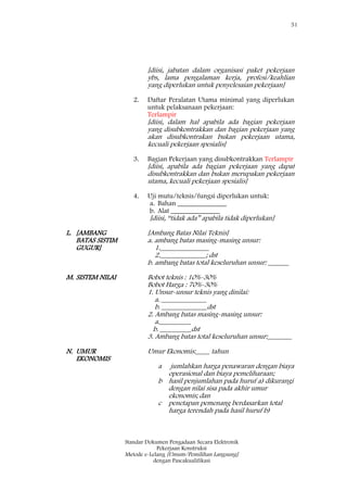 51
Standar Dokumen Pengadaan Secara Elektronik
Pekerjaan Konstruksi
Metode e-Lelang [Umum/Pemilihan Langsung]
dengan Pascakualifikasi
2.
3.
4.
[diisi, jabatan dalam organisasi paket pekerjaan
ybs, lama pengalaman kerja, profesi/keahlian
yang diperlukan untuk penyelesaian pekerjaan]
Daftar Peralatan Utama minimal yang diperlukan
untuk pelaksanaan pekerjaan:
Terlampir
[diisi, dalam hal apabila ada bagian pekerjaan
yang disubkontrakkan dan bagian pekerjaan yang
akan disubkontrakan bukan pekerjaan utama,
kecuali pekerjaan spesialis]
Bagian Pekerjaan yang disubkontrakkan Terlampir
[diisi, apabila ada bagian pekerjaan yang dapat
disubkontrakkan dan bukan merupakan pekerjaan
utama, kecuali pekerjaan spesialis]
Uji mutu/teknis/fungsi diperlukan untuk:
a. Bahan ______________
b. Alat ______________
[diisi, ―tidak ada‖ apabila tidak diperlukan]
L. [AMBANG
BATAS SISTIM
GUGUR]
[Ambang Batas Nilai Teknis]
a. ambang batas masing-masing unsur:
1.______________
2._____________; dst
b. ambang batas total keseluruhan unsur: ______
M. SISTEM NILAI Bobot teknis : 10%-30%
Bobot Harga : 70%-30%
1. Unsur-unsur teknis yang dinilai:
a. _____________
b. _____________dst
2. Ambang batas masing-masing unsur:
a._________
b. _________dst
3. Ambang batas total keseluruhan unsur:_______
N. UMUR
EKONOMIS
Umur Ekonomis:____ tahun
a jumlahkan harga penawaran dengan biaya
operasional dan biaya pemeliharaan;
b hasil penjumlahan pada huruf a) dikurangi
dengan nilai sisa pada akhir umur
ekonomis; dan
c penetapan pemenang berdasarkan total
harga terendah pada hasil huruf b)
 