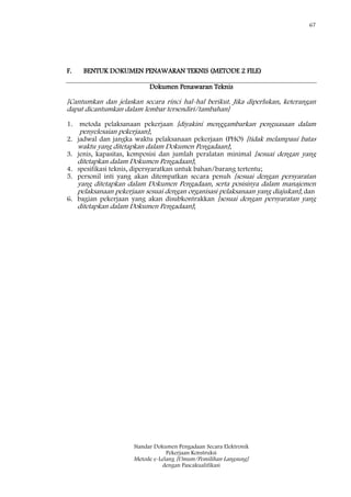 67
Standar Dokumen Pengadaan Secara Elektronik
Pekerjaan Konstruksi
Metode e-Lelang [Umum/Pemilihan Langsung]
dengan Pascakualifikasi
F. BENTUK DOKUMEN PENAWARAN TEKNIS (METODE 2 FILE)
Dokumen Penawaran Teknis
[Cantumkan dan jelaskan secara rinci hal-hal berikut. Jika diperlukan, keterangan
dapat dicantumkan dalam lembar tersendiri/tambahan]
1. metoda pelaksanaan pekerjaan [diyakini menggambarkan penguasaan dalam
penyelesaian pekerjaan];
2. jadwal dan jangka waktu pelaksanaan pekerjaan (PHO) [tidak melampaui batas
waktu yang ditetapkan dalam Dokumen Pengadaan];
3. jenis, kapasitas, komposisi dan jumlah peralatan minimal [sesuai dengan yang
ditetapkan dalam Dokumen Pengadaan];
4. spesifikasi teknis, dipersyaratkan untuk bahan/barang tertentu;
5. personil inti yang akan ditempatkan secara penuh [sesuai dengan persyaratan
yang ditetapkan dalam Dokumen Pengadaan, serta posisinya dalam manajemen
pelaksanaan pekerjaan sesuai dengan organisasi pelaksanaan yang diajukan]; dan
6. bagian pekerjaan yang akan disubkontrakkan [sesuai dengan persyaratan yang
ditetapkan dalam Dokumen Pengadaan];
 
