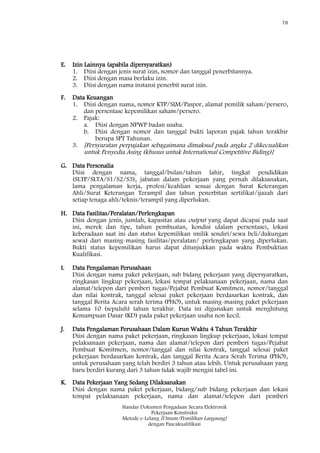 78
Standar Dokumen Pengadaan Secara Elektronik
Pekerjaan Konstruksi
Metode e-Lelang [Umum/Pemilihan Langsung]
dengan Pascakualifikasi
E. Izin Lainnya (apabila dipersyaratkan)
1. Diisi dengan jenis surat izin, nomor dan tanggal penerbitannya.
2. Diisi dengan masa berlaku izin.
3. Diisi dengan nama instansi penerbit surat izin.
F. Data Keuangan
1. Diisi dengan nama, nomor KTP/SIM/Paspor, alamat pemilik saham/persero,
dan persentase kepemilikan saham/persero.
2. Pajak:
a. Diisi dengan NPWP badan usaha.
b. Diisi dengan nomor dan tanggal bukti laporan pajak tahun terakhir
berupa SPT Tahunan.
3. [Persyaratan perpajakan sebagaimana dimaksud pada angka 2 dikecualikan
untuk Penyedia Asing (khusus untuk International Competitive Biding)]
G. Data Personalia
Diisi dengan nama, tanggal/bulan/tahun lahir, tingkat pendidikan
(SLTP/SLTA/S1/S2/S3), jabatan dalam pekerjaan yang pernah dilaksanakan,
lama pengalaman kerja, profesi/keahlian sesuai dengan Surat Keterangan
Ahli/Surat Keterangan Terampil dan tahun penerbitan sertifikat/ijazah dari
setiap tenaga ahli/teknis/terampil yang diperlukan.
H. Data Fasilitas/Peralatan/Perlengkapan
Diisi dengan jenis, jumlah, kapasitas atau output yang dapat dicapai pada saat
ini, merek dan tipe, tahun pembuatan, kondisi (dalam persentase), lokasi
keberadaan saat ini dan status kepemilikan (milik sendiri/sewa beli/dukungan
sewa) dari masing-masing fasilitas/peralatan/ perlengkapan yang diperlukan.
Bukti status kepemilikan harus dapat ditunjukkan pada waktu Pembuktian
Kualifikasi.
I. Data Pengalaman Perusahaan
Diisi dengan nama paket pekerjaan, sub bidang pekerjaan yang dipersyaratkan,
ringkasan lingkup pekerjaan, lokasi tempat pelaksanaan pekerjaan, nama dan
alamat/telepon dari pemberi tugas/Pejabat Pembuat Komitmen, nomor/tanggal
dan nilai kontrak, tanggal selesai paket pekerjaan berdasarkan kontrak, dan
tanggal Berita Acara serah terima (PHO), untuk masing-masing paket pekerjaan
selama 10 (sepuluh) tahun terakhir. Data ini digunakan untuk menghitung
Kemampuan Dasar (KD) pada paket pekerjaan usaha non kecil.
J. Data Pengalaman Perusahaan Dalam Kurun Waktu 4 Tahun Terakhir
Diisi dengan nama paket pekerjaan, ringkasan lingkup pekerjaan, lokasi tempat
pelaksanaan pekerjaan, nama dan alamat/telepon dari pemberi tugas/Pejabat
Pembuat Komitmen, nomor/tanggal dan nilai kontrak, tanggal selesai paket
pekerjaan berdasarkan kontrak, dan tanggal Berita Acara Serah Terima (PHO),
untuk perusahaan yang telah berdiri 3 tahun atau lebih. Untuk perusahaan yang
baru berdiri kurang dari 3 tahun tidak wajib mengisi tabel ini.
K. Data Pekerjaan Yang Sedang Dilaksanakan
Diisi dengan nama paket pekerjaan, bidang/sub bidang pekerjaan dan lokasi
tempat pelaksanaan pekerjaan, nama dan alamat/telepon dari pemberi
 