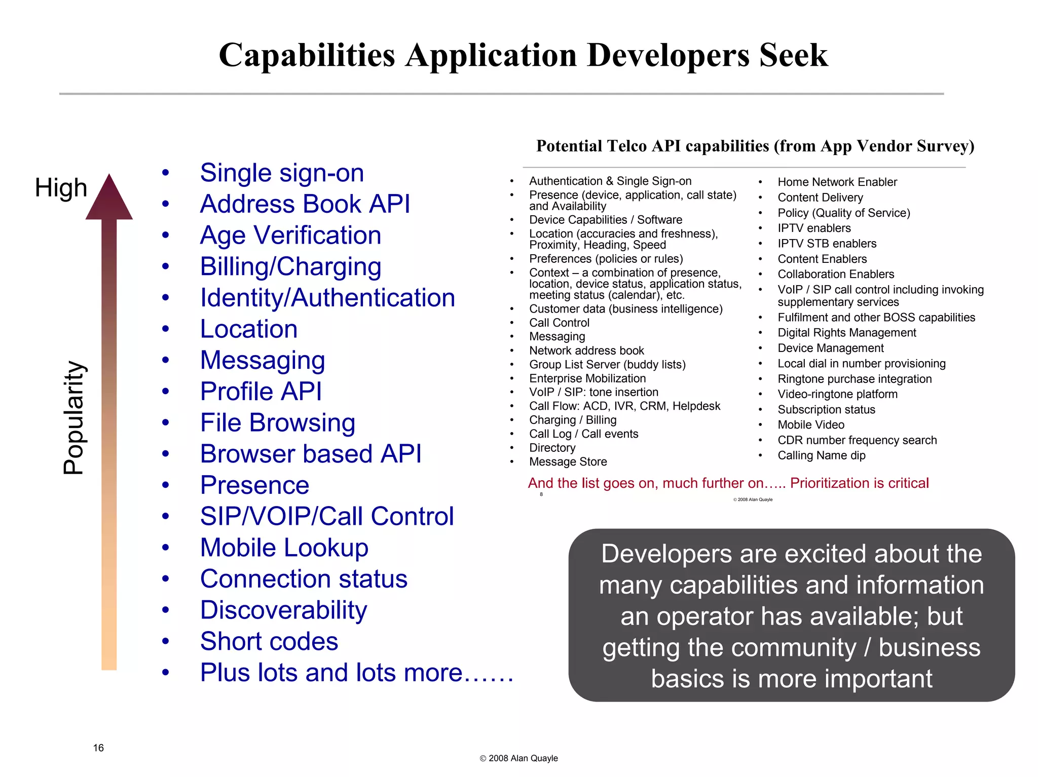 Capabilities Application Developers Seek

                                                           Potential Telco API capabilities (from App Vendor Survey)
                    •   Single sign-on           •        Authentication & Single Sign-on
High                                             •        Presence (device, application, call state)
                                                                                                               •
                                                                                                               •
                                                                                                                         Home Network Enabler
                                                                                                                         Content Delivery
                    •   Address Book API         •
                                                          and Availability
                                                          Device Capabilities / Software
                                                                                                               •         Policy (Quality of Service)
                                                                                                               •         IPTV enablers
                    •   Age Verification         •        Location (accuracies and freshness),
                                                          Proximity, Heading, Speed                            •         IPTV STB enablers
                                                 •        Preferences (policies or rules)                      •         Content Enablers
                    •   Billing/Charging         •        Context – a combination of presence,
                                                          location, device status, application status,
                                                                                                               •         Collaboration Enablers
                                                                                                               •         VoIP / SIP call control including invoking
                    •   Identity/Authentication  •
                                                          meeting status (calendar), etc.
                                                          Customer data (business intelligence)
                                                                                                                         supplementary services
                                                 •        Call Control                                         •         Fulfilment and other BOSS capabilities
                    •   Location                 •        Messaging                                            •         Digital Rights Management
                                                 •        Network address book                                 •         Device Management
                    •   Messaging                •        Group List Server (buddy lists)                      •         Local dial in number provisioning
  Popularity




                                                 •        Enterprise Mobilization                              •         Ringtone purchase integration
                    •   Profile API              •
                                                 •
                                                          VoIP / SIP: tone insertion
                                                          Call Flow: ACD, IVR, CRM, Helpdesk
                                                                                                               •         Video-ringtone platform
                                                                                                               •         Subscription status
                    •   File Browsing            •
                                                 •
                                                          Charging / Billing
                                                          Call Log / Call events
                                                                                                               •
                                                                                                               •
                                                                                                                         Mobile Video
                                                                                                                         CDR number frequency search
                                                 •        Directory
                    •   Browser based API        •        Message Store
                                                                                                               •         Calling Name dip

                    •   Presence                          And the list goes on, much further on….. Prioritization is critical
                                                            8
                                                                                                    © 2008 Alan Quayle




                    •   SIP/VOIP/Call Control
                    •   Mobile Lookup                                   Developers are excited about the
                    •   Connection status                               many capabilities and information
                    •   Discoverability                                  an operator has available; but
                    •   Short codes                                     getting the community / business
                    •   Plus lots and lots more……                            basics is more important

               16
                                               © 2008 Alan Quayle
 