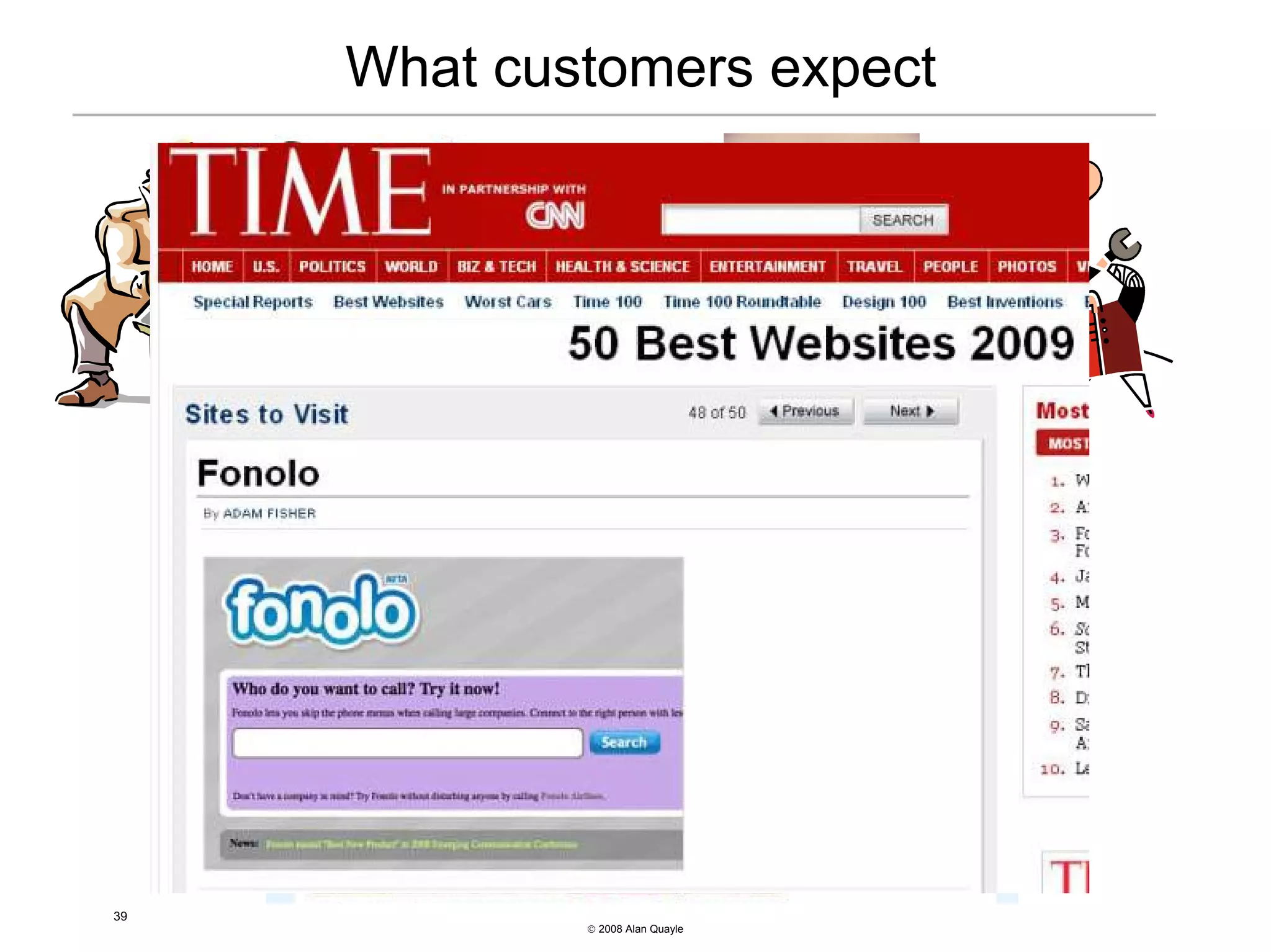What customers expect


     18-30 month                      6-12 months
                s



      4 months                         Weekly

39
                 © 2008 Alan Quayle
 