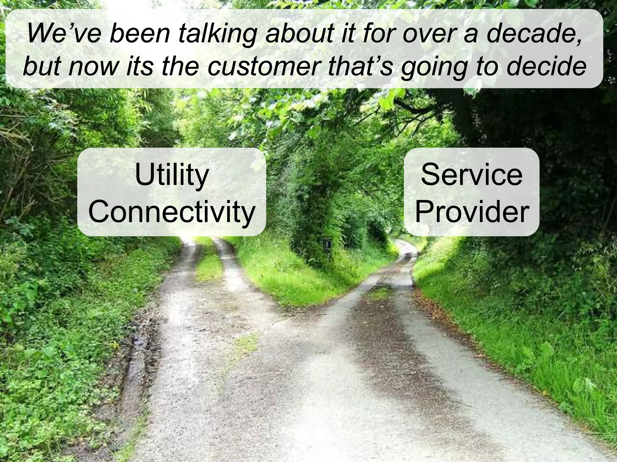 We’ve been talking about it for over a decade,
but now its the customer that’s going to decide


         Utility                           Service
       Connectivity                        Provider




  44
                      © 2008 Alan Quayle
 