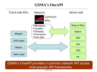 GSMA’s OneAPI




GSMA’s OneAPI provides a common network API across
12
           most popular API frameworks
                      © 2008 Alan Quayle
 