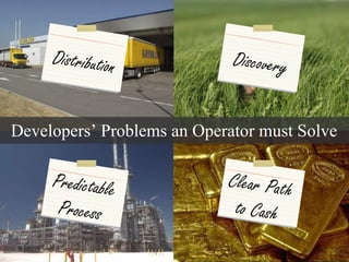 Distribution                        Discovery


Developers’ Problems an Operator must Solve

       Predictable                         Clear Path
        Process                             to Cash
  17
                      © 2008 Alan Quayle
 