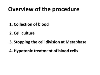 Overview of the procedure
1. Collection of blood
2. Cell culture
3. Stopping the cell division at Metaphase
4. Hypotonic treatment of blood cells
 