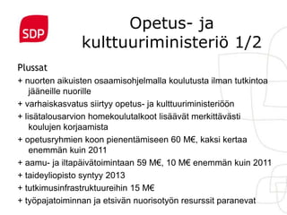 Opetus- ja
                kulttuuriministeriö 1/2
Plussat
+ nuorten aikuisten osaamisohjelmalla koulutusta ilman tutkintoa
    jääneille nuorille
+ varhaiskasvatus siirtyy opetus- ja kulttuuriministeriöön
+ lisätalousarvion homekoulutalkoot lisäävät merkittävästi
    koulujen korjaamista
+ opetusryhmien koon pienentämiseen 60 M€, kaksi kertaa
    enemmän kuin 2011
+ aamu- ja iltapäivätoimintaan 59 M€, 10 M€ enemmän kuin 2011
+ taideyliopisto syntyy 2013
+ tutkimusinfrastruktuureihin 15 M€
+ työpajatoiminnan ja etsivän nuorisotyön resurssit paranevat
 