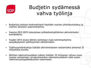 Budjetin sydämessä
                        vahva työlinja

• Budjetissa otetaan konkreettisesti käyttöön nuorten yhteiskuntatakuu ja
  nuorten aikuisten osaamisohjelma.

• Vuosina 2012-2015 toteutetaan pitkäaikaistyöttömien aktivoimiseksi
  kuntakokeilu.

• Vuoden 2013 alusta lähtien aloitetaan myös toimintaohjelma
  osatyökykyisten työllistymisen edistämiseksi.

• Työllisyysmäärärahoja lisätään aktivointiasteen nostamiseksi yhteensä 32
  miljoonalla eurolla.

• Äkillisen rakennemuutoksen tukeen lisätään 10 miljoonan valtuus muun
  muassa vastaamaan varuskuntaverkon rakennemuutoksiin sekä uusien
  rakennemuutospaikkakuntien tukemiseen.
 