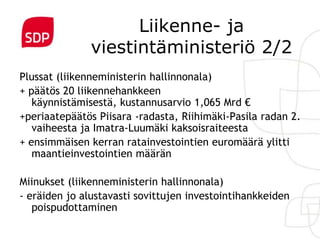 Liikenne- ja
               viestintäministeriö 2/2
Plussat (liikenneministerin hallinnonala)
+ päätös 20 liikennehankkeen
   käynnistämisestä, kustannusarvio 1,065 Mrd €
+periaatepäätös Piisara -radasta, Riihimäki-Pasila radan 2.
   vaiheesta ja Imatra-Luumäki kaksoisraiteesta
+ ensimmäisen kerran ratainvestointien euromäärä ylitti
   maantieinvestointien määrän

Miinukset (liikenneministerin hallinnonala)
- eräiden jo alustavasti sovittujen investointihankkeiden
   poispudottaminen
 