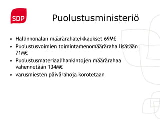 Puolustusministeriö

• Hallinnonalan määrärahaleikkaukset 69M€
• Puolustusvoimien toimintamenomääräraha lisätään
  71M€
• Puolustusmateriaalihankintojen määrärahaa
  vähennetään 134M€
• varusmiesten päivärahoja korotetaan
 