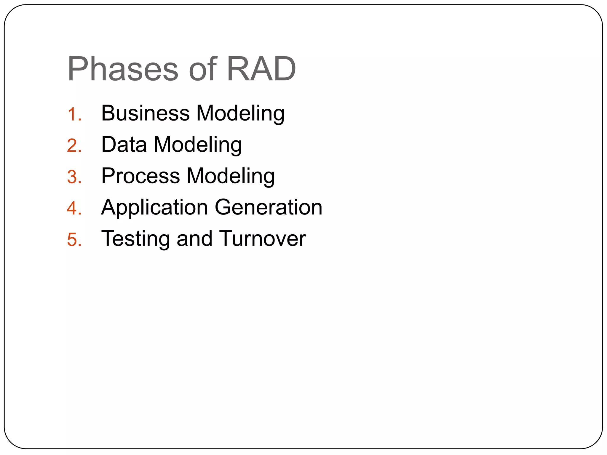 Phases of RADBusiness ModelingData ModelingProcess ModelingApplication GenerationTesting and Turnover