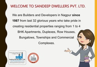 WELCOME TO SANDEEP DWELLERS PVT. LTD.
We are Builders and Developers in Nagpur since
1987 from last 32 glorious years who take pride in
creating residential properties ranging from 1 to 4
BHK Apartments, Duplexes, Row Houses,
Bungalows, Townships and Commercial
Complexes.
 