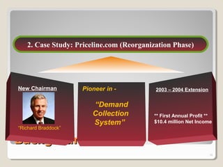BackgroundBackground
10
2. Case Study: Priceline.com (Reorganization Phase)
Pioneer in -
“Demand
Collection
System”
“Richard Braddock”
New Chairman 2003 – 2004 Extension
** First Annual Profit **
$10.4 million Net Income
 